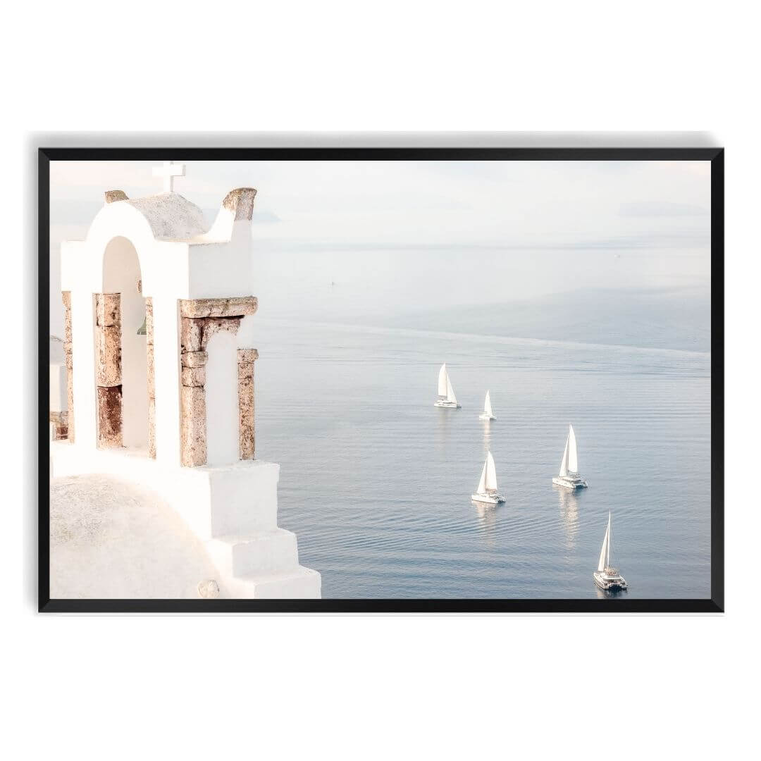 A wall art photo print of Boats sailing on the sea in Santorini Greece  with a black frame, no white border at Beautiful HomeDecor