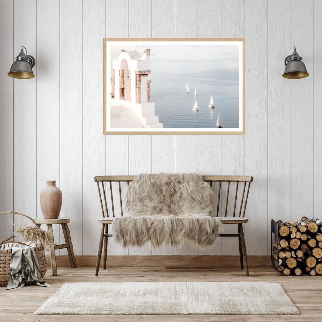 A wall art photo print of Boats sailing on the sea in Santorini Greece  with a timber frame or unframed for your hallway empty walls