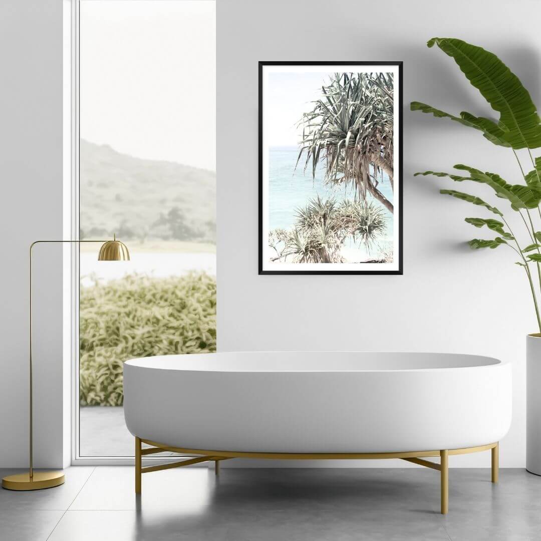 A wall art photo print of the Byron Bay Beach Sea View with a black frame or unframed to decorate your bathroom