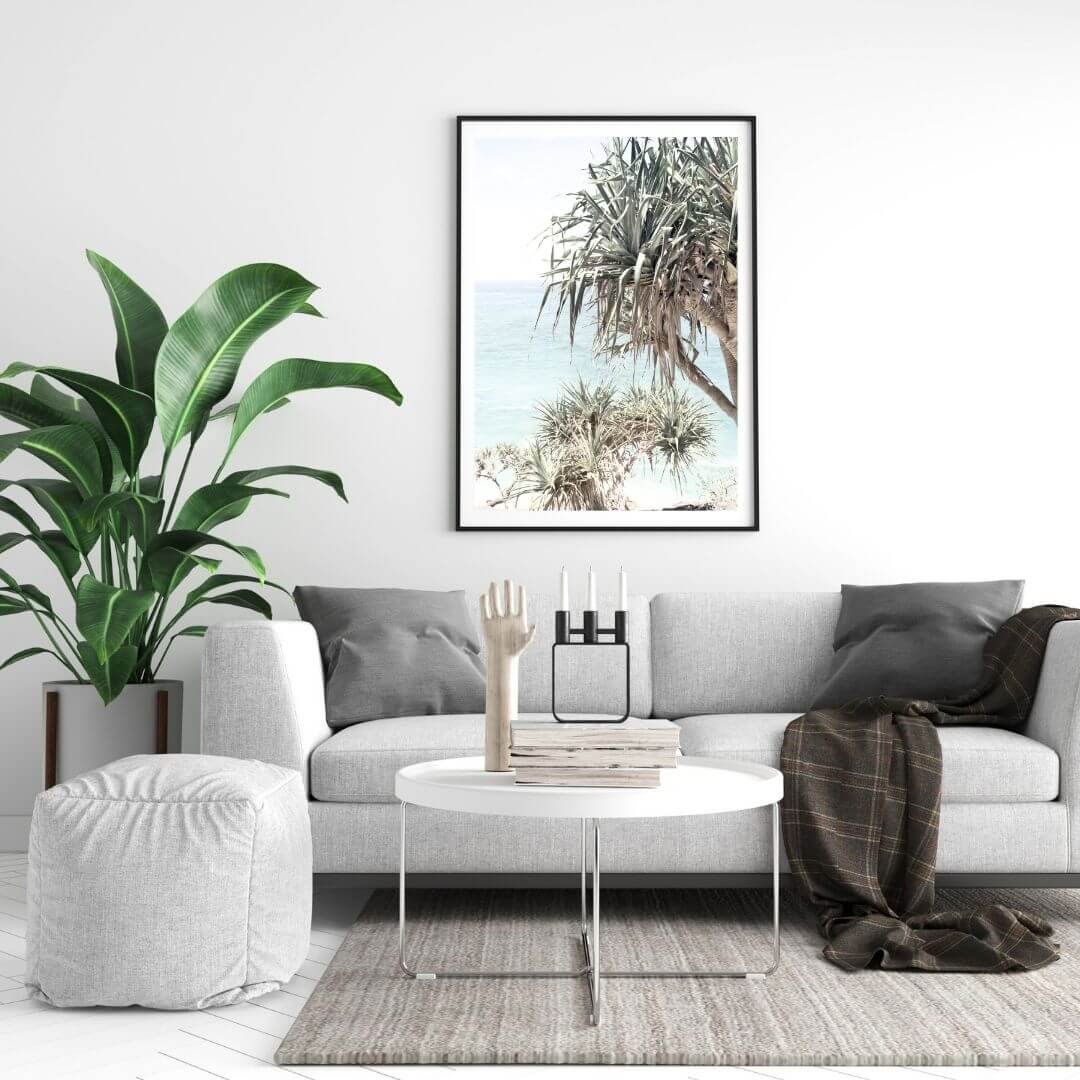 A wall art photo print of the Byron Bay Beach Sea View with a black frame or unframed for your coastal living room behind sofa