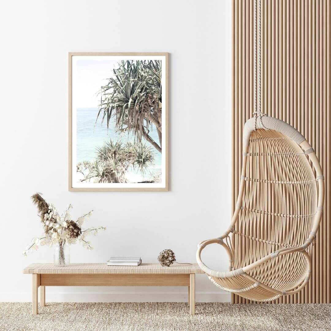 A wall art photo print of the Byron Bay Beach Sea View with a timber frame for the living room by Beautiful HomeDecor