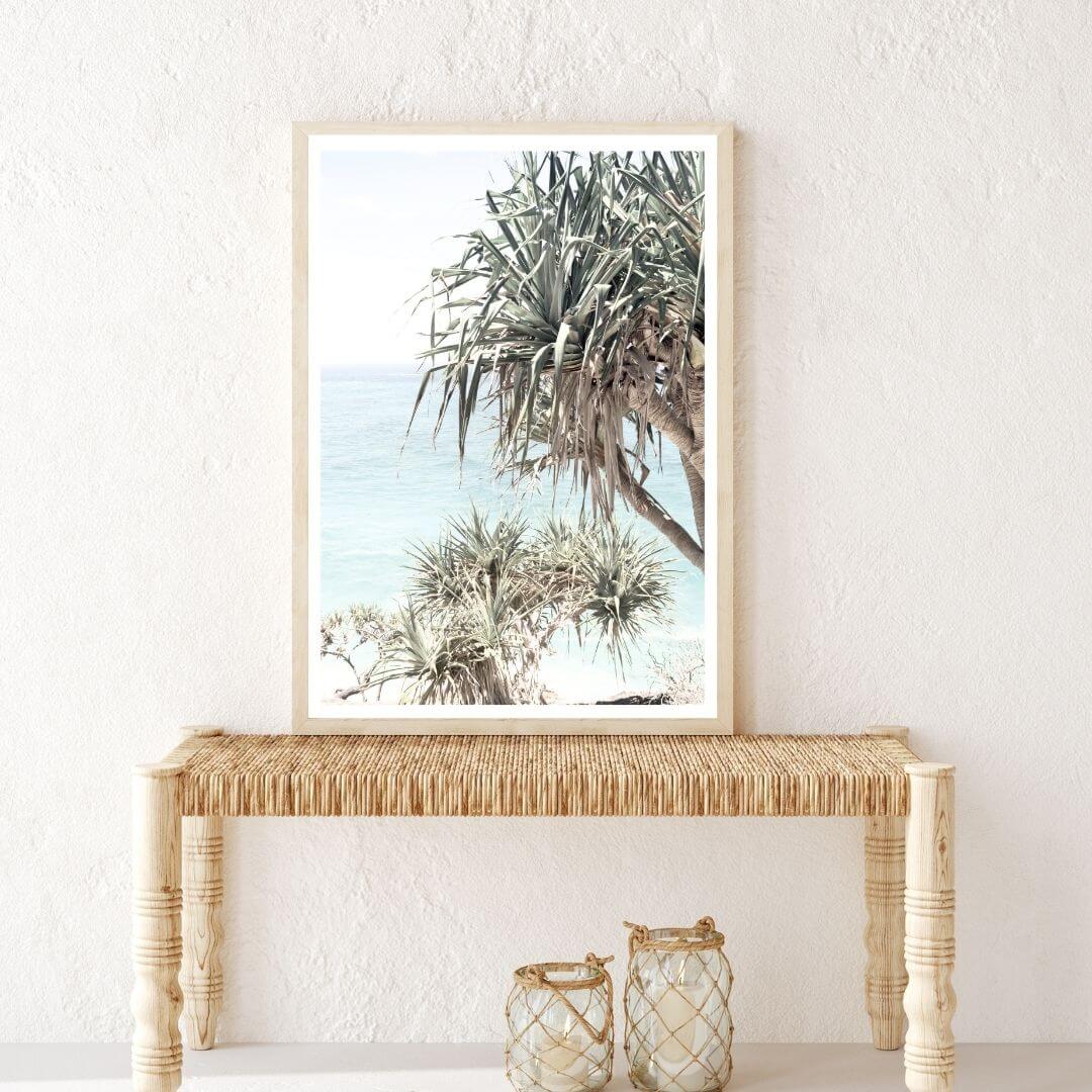 A wall art photo print of the Byron Bay Beach Sea View with a timber frame for the hallway wall with free shipping