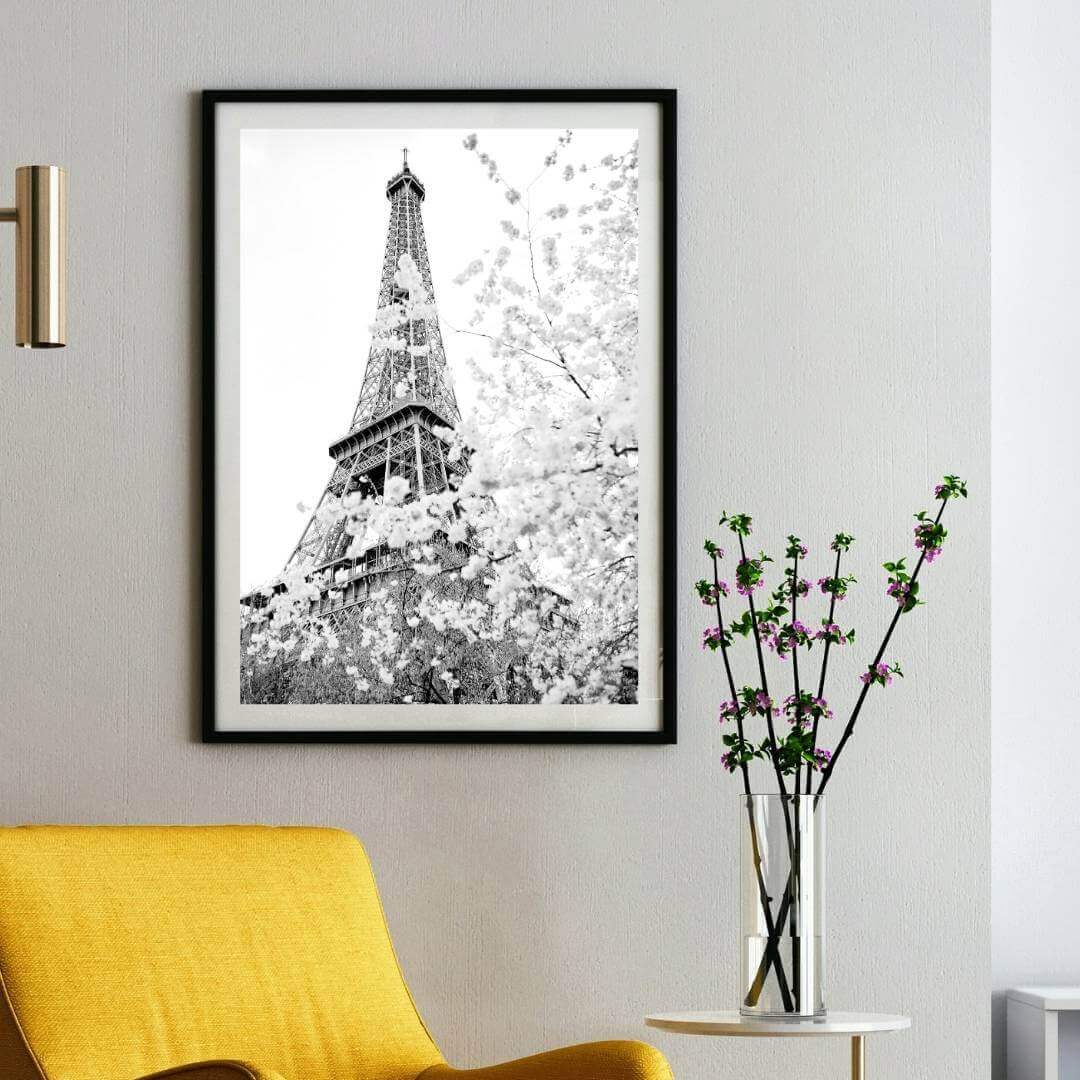 A black and white wall art photo print of the Eiffel Tower in Spring with a black frame or unframed shop online at Beautiful HomeDecor with free shipping