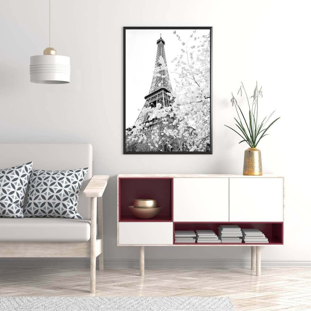 A black and white wall art photo print of the Eiffel Tower in Spring with a black frame or unframed for you living room decor