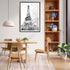 A black and white wall art photo print of the Eiffel Tower in Spring with a black frame for the dining room wall with free shipping