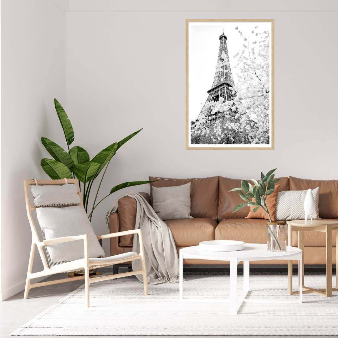 A black and white wall art photo print of the Eiffel Tower in Spring with a timber frame or unframed for your living room empty walls