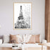 A black and white wall art photo print of the Eiffel Tower in Spring with a timber frame or unframed to style your living room