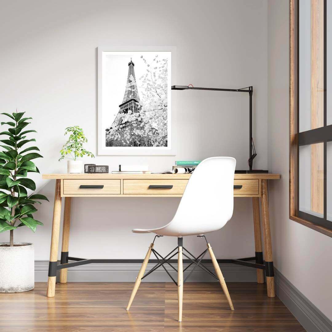 A black and white wall art photo print of the Eiffel Tower in Spring with a white frame to decorate your kids bedroom by Beautiful HomeDecor