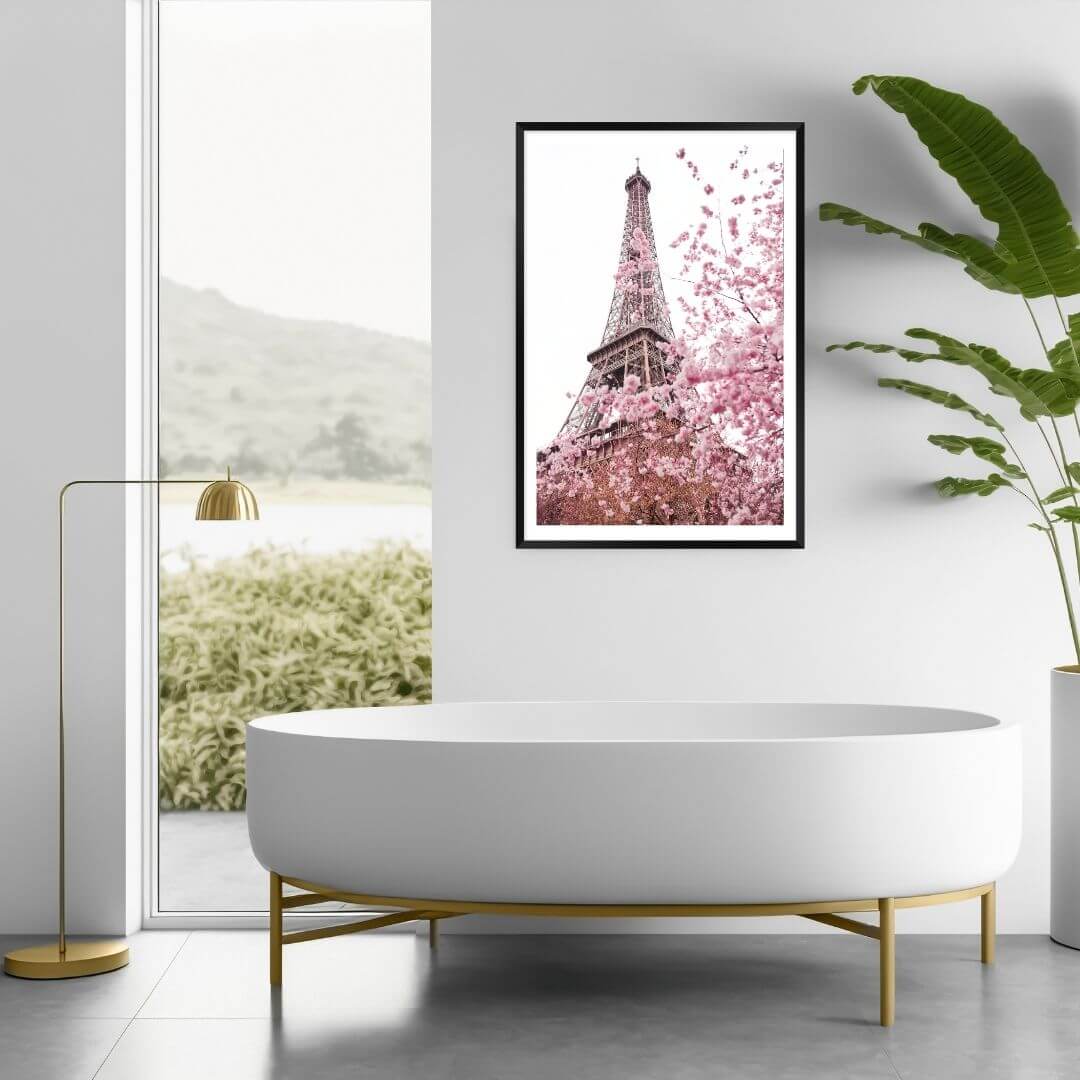 A wall art photo print of the Eiffel Tower in Spring with a black frame for the bathroom wall with free shipping