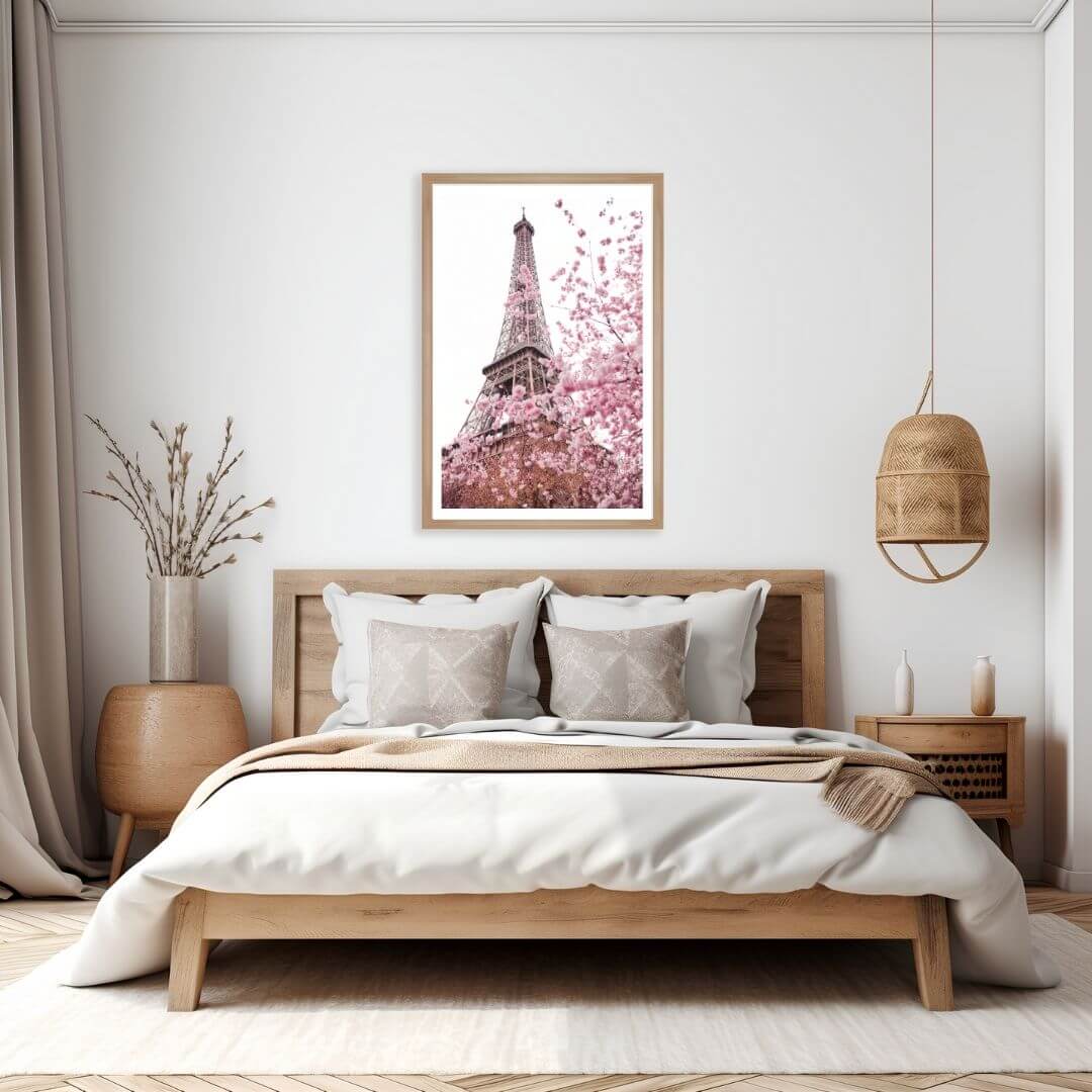 A wall art photo print of the Eiffel Tower in Spring with a timber frame or unframed for the wall above your bedroom bed