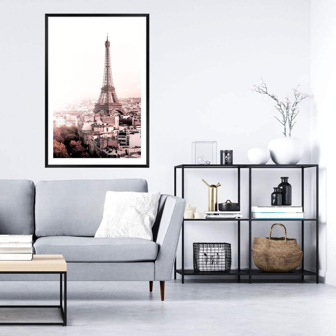 A wall art photo print of the Eiffel Tower in Paris with a black frame or unframed to decorate a wall in your office