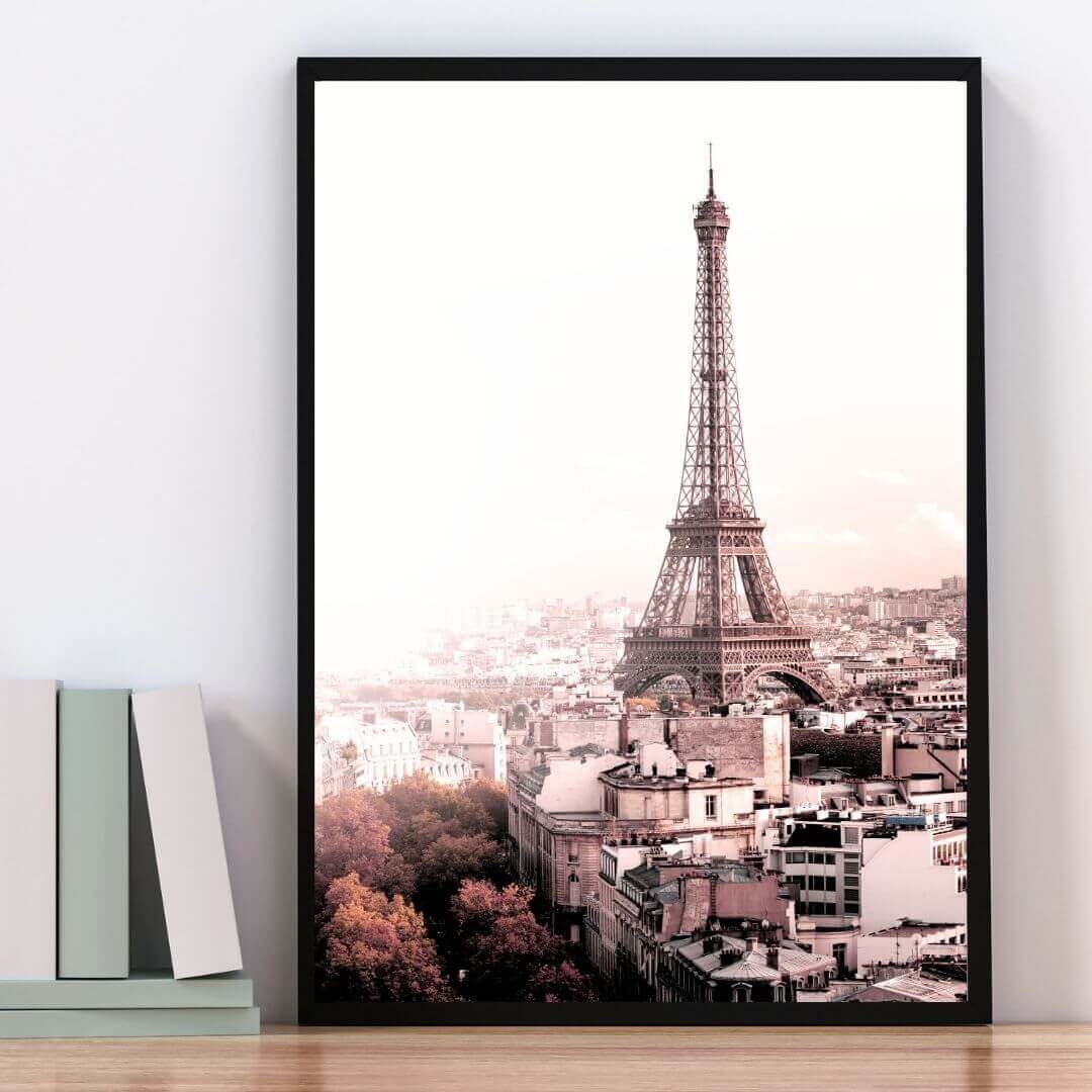 A wall art photo print of the Eiffel Tower in Paris with a black frame or unframed to style shelves and empty walls