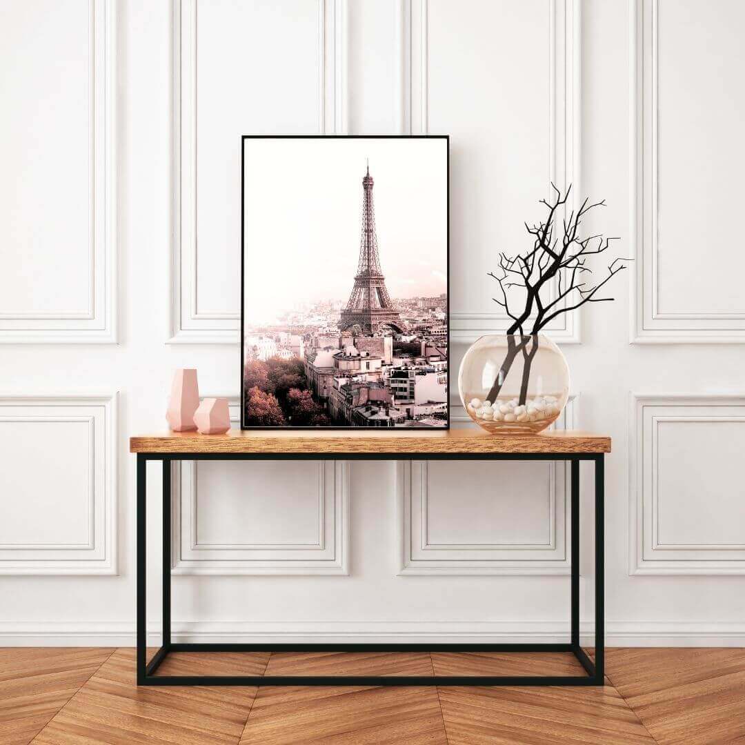 A wall art photo print of the Eiffel Tower in Paris with a black frame for the hallway wall with free shipping