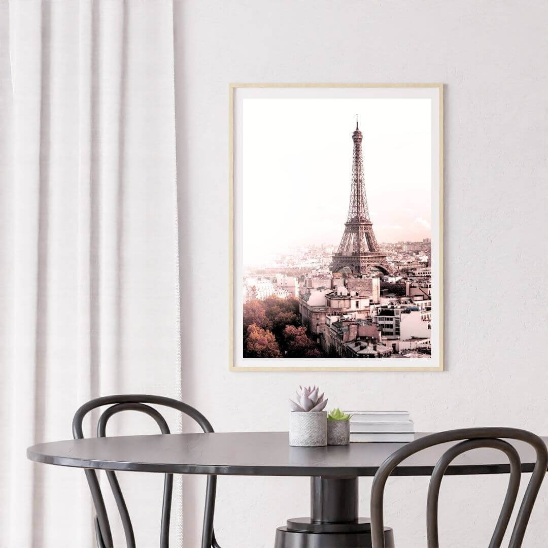 A wall art photo print of the Eiffel Tower in Paris with a timber frame or unframed to style your dining room