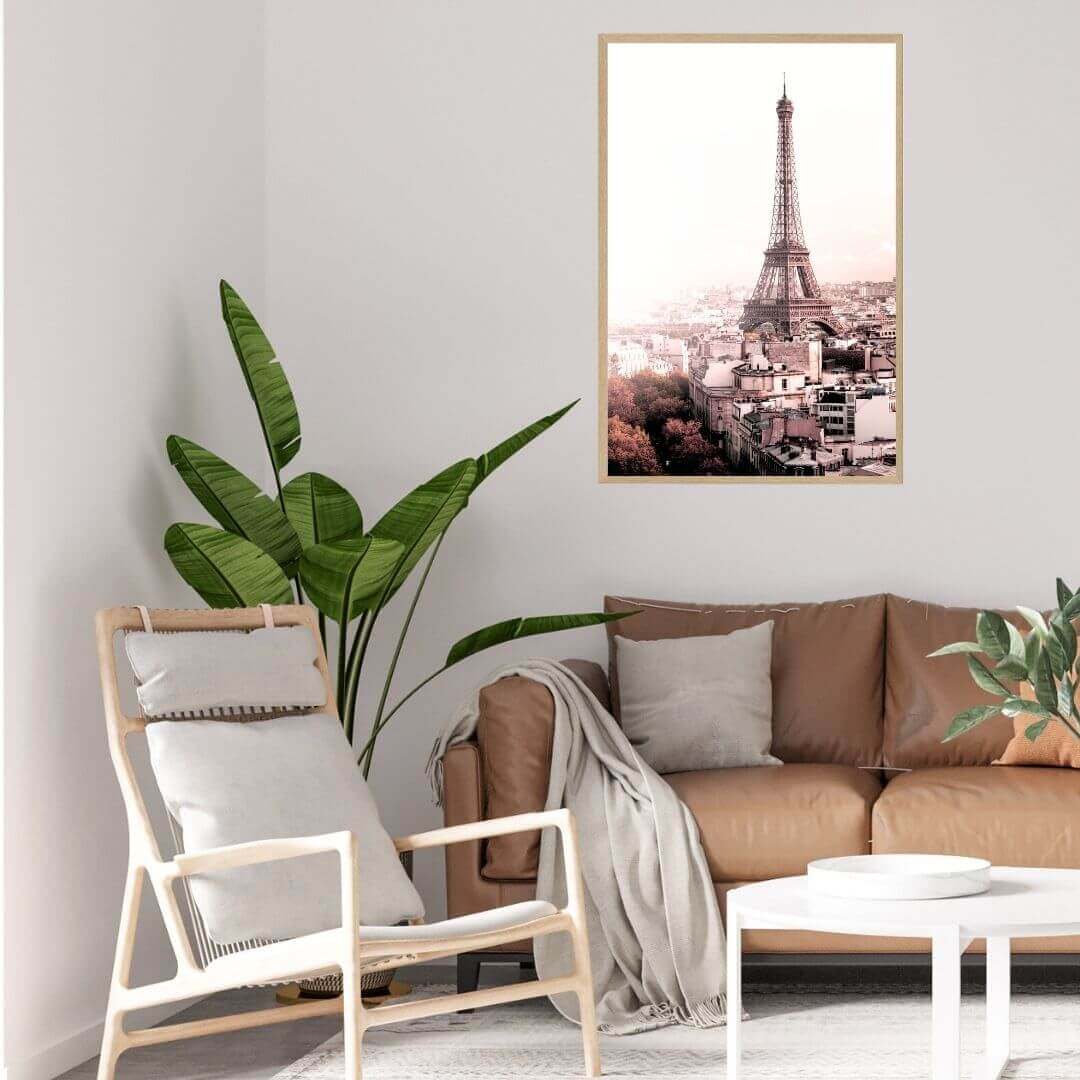 A wall art photo print of the Eiffel Tower in Paris with a timber frame for the living room by Beautiful HomeDecor