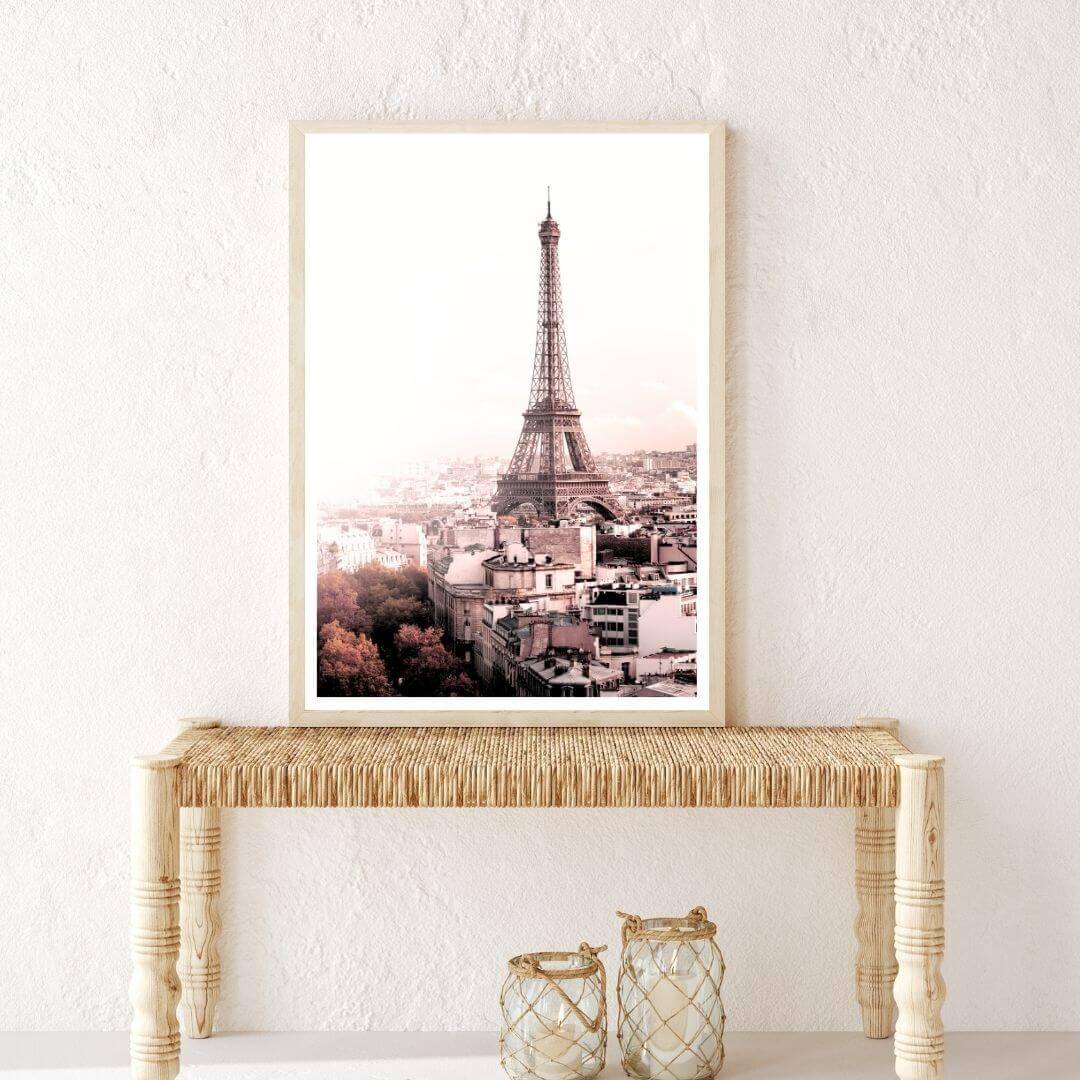 A wall art photo print of the Eiffel Tower in Paris with a timber frame or unframed for your empty hallway walls