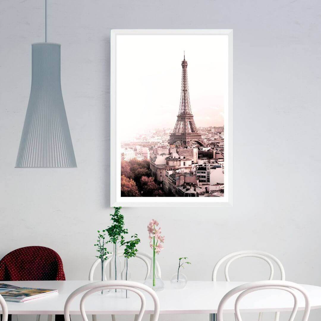 A wall art photo print of the Eiffel Tower in Paris with a white frame to decorate your dining room walls