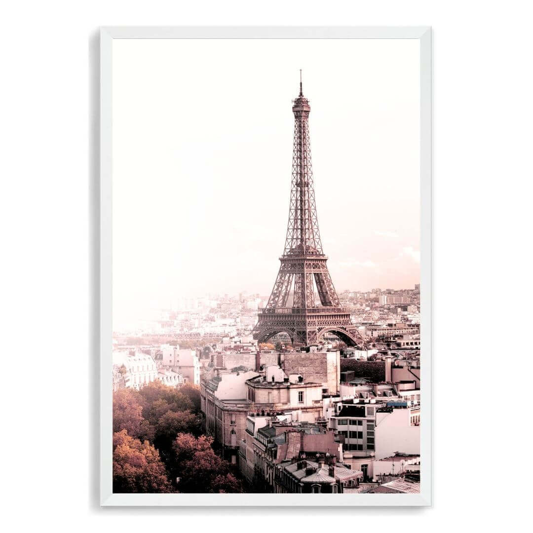 A wall art photo print of the Eiffel Tower in Paris with a white frame, no white border at Beautiful HomeDecor