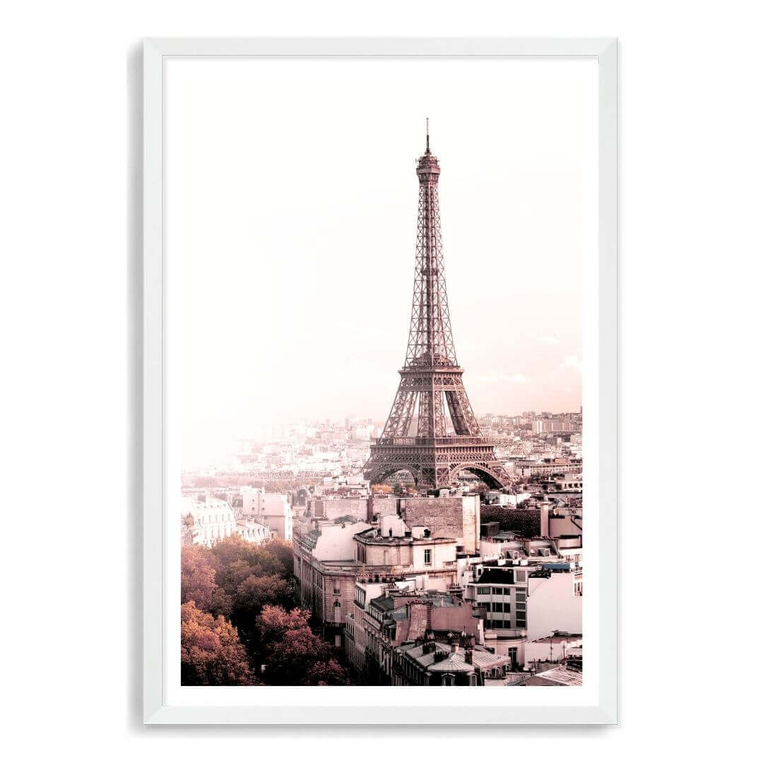 A wall art photo print of the Eiffel Tower in Paris with a white frame, white border by Beautiful Home Decor