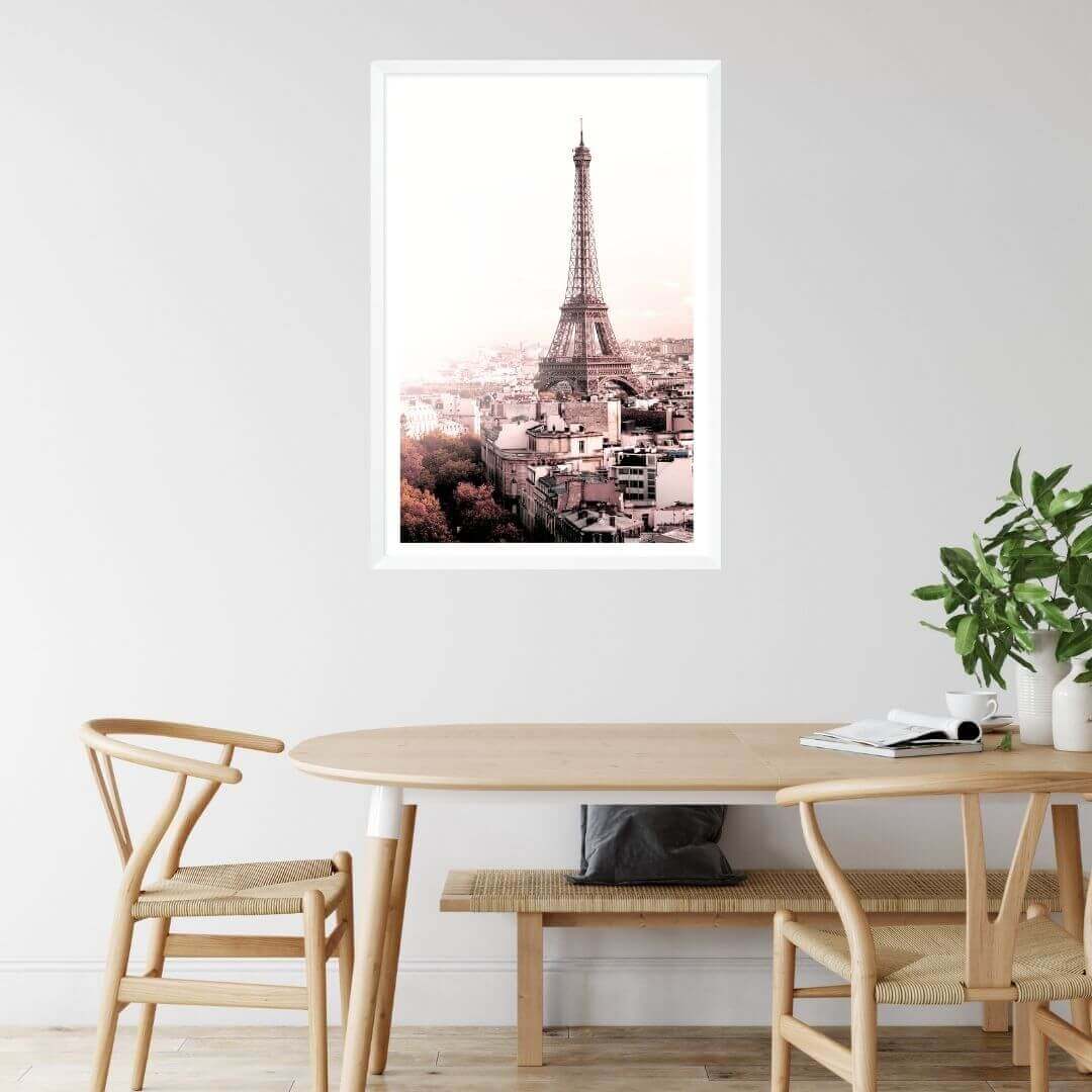 A wall art photo print of the Eiffel Tower in Paris with a white frame or unframed to decorate a wall next to your dining table