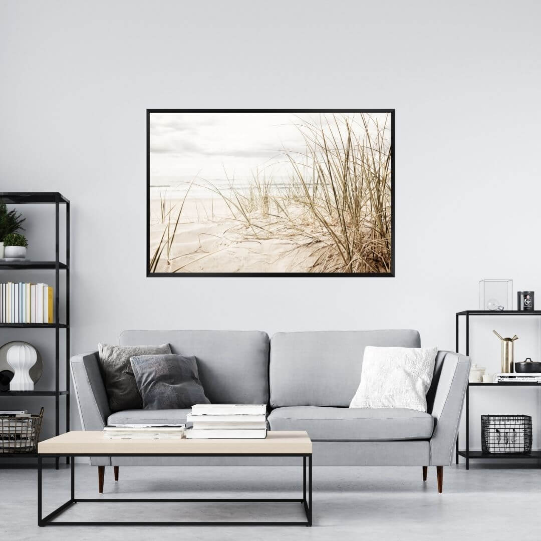 A wall art photo print of a grassy beach shore with a black frame or unframed for the office study wall