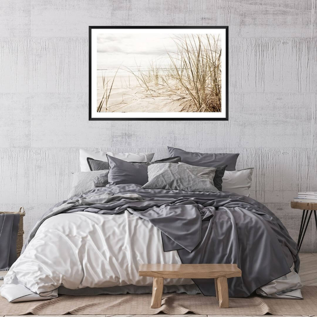 A wall art photo print of a grassy beach shore with a black frame to decorate your bedroom by Beautiful HomeDecor