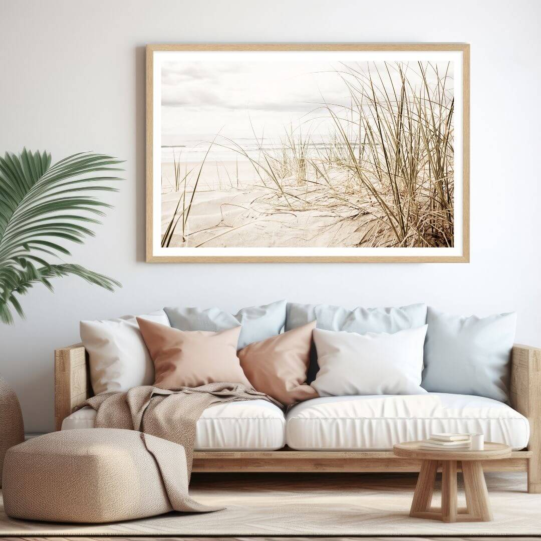 A wall art photo print of a grassy beach shore with a timber frame or unframed for your living room