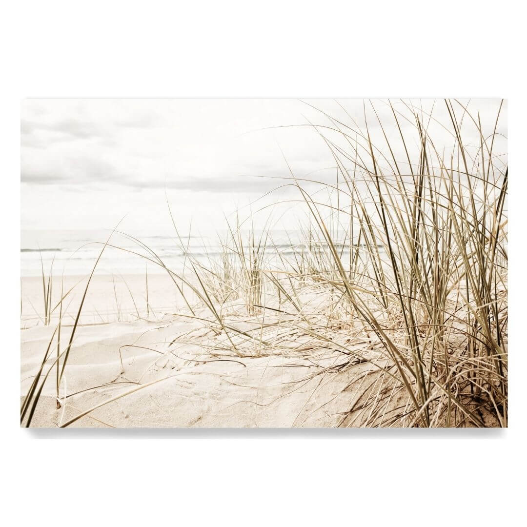 A wall art photo print of a grassy beach shore unframed, printed edge to edge without a white border