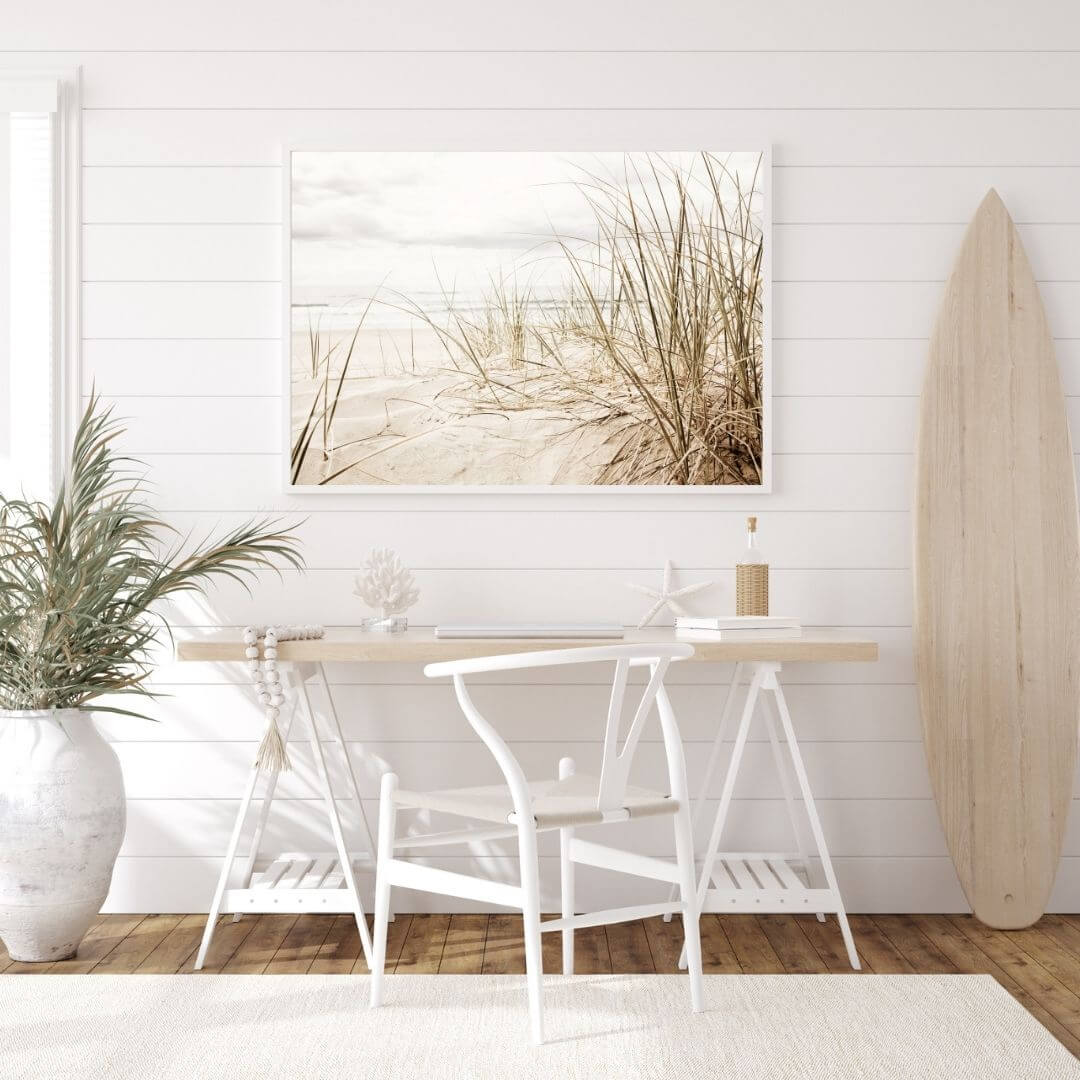 A wall art photo print of a grassy beach shore with a white frame or unframed to decorate a wall in your office dining room