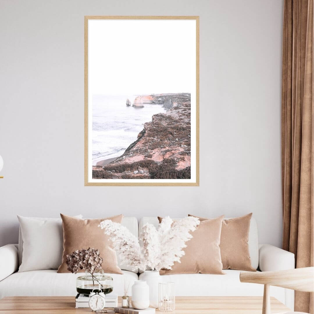 A wall art photo print of the Great Ocean Road B with a timber frame or unframed for your coastal living room behind sofa