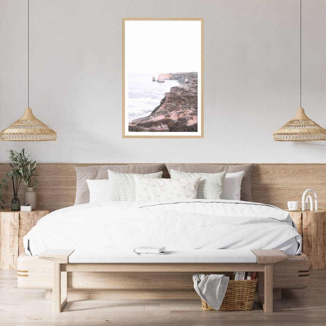A wall art photo print of the Great Ocean Road B with a timber frame to decorate your bedroom walls
