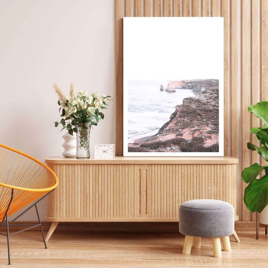 A wall art photo print of the Great Ocean Road B with a timber frame or unframed to decorate your console table