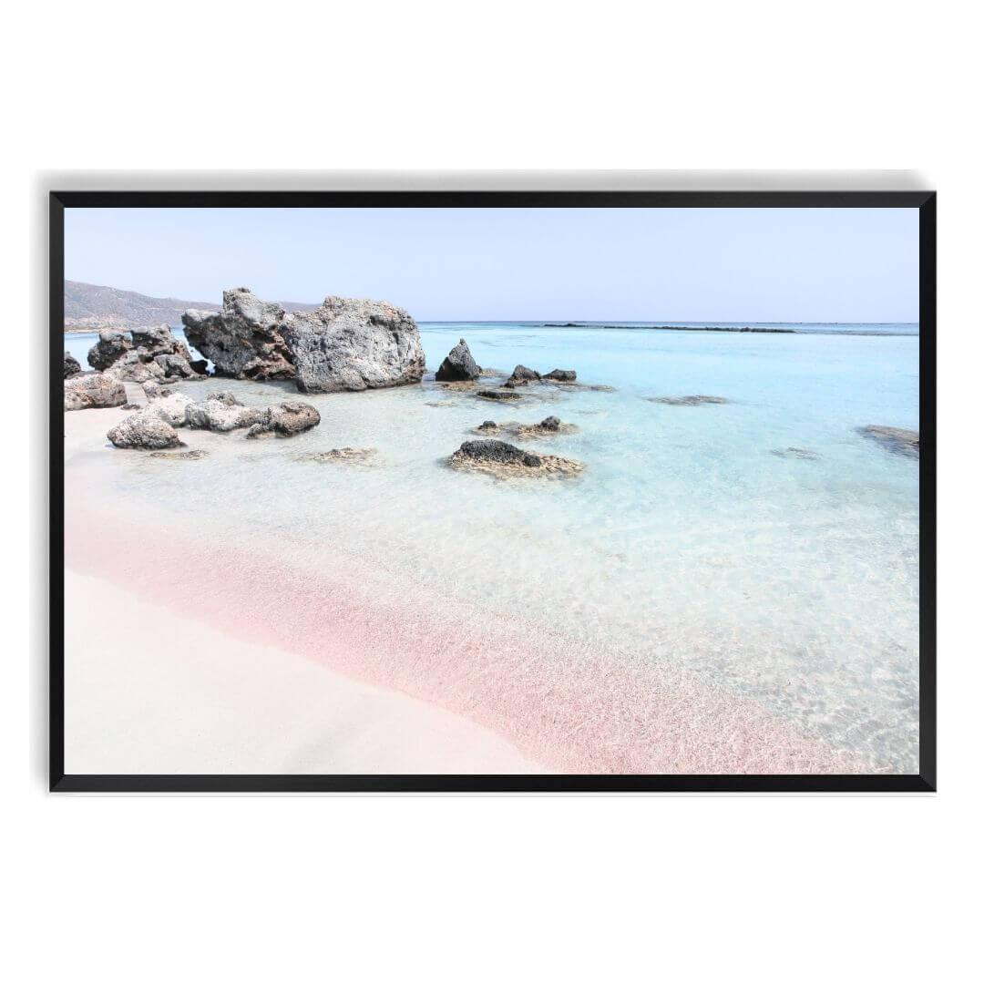 A wall art photo print of a pink beach in Greece with a black frame, no white border at Beautiful HomeDecor