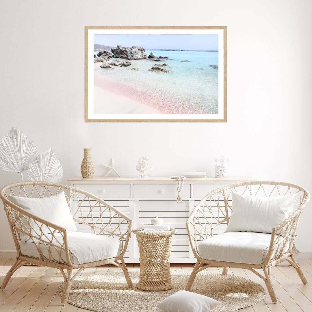 A wall art photo print of a pink beach in Greece with a timber frame for the living room by Beautiful HomeDecor