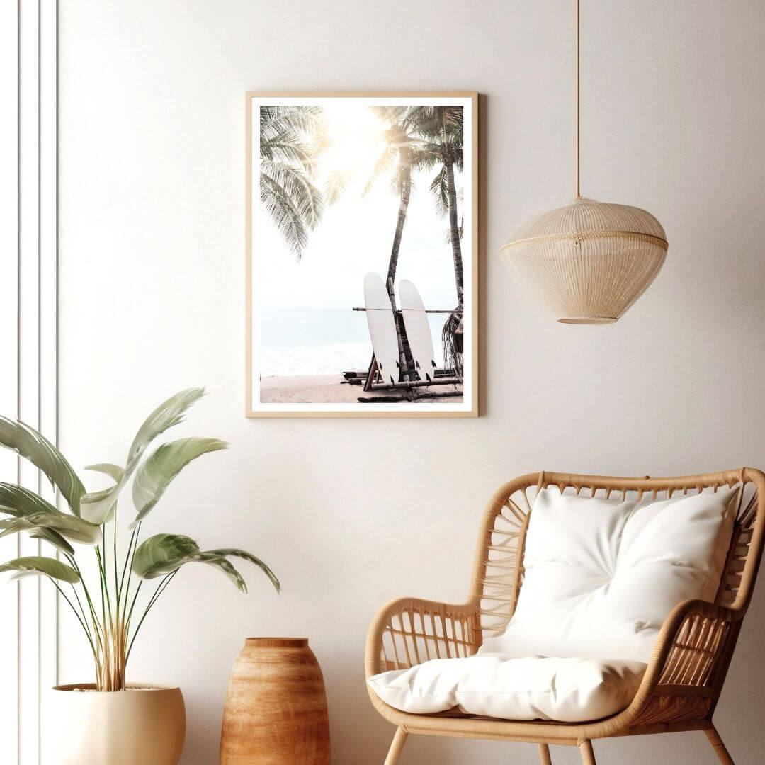 Enjoy the view of this wall art print of two surf boards under the palm trees on a surfer beach in Hawaii