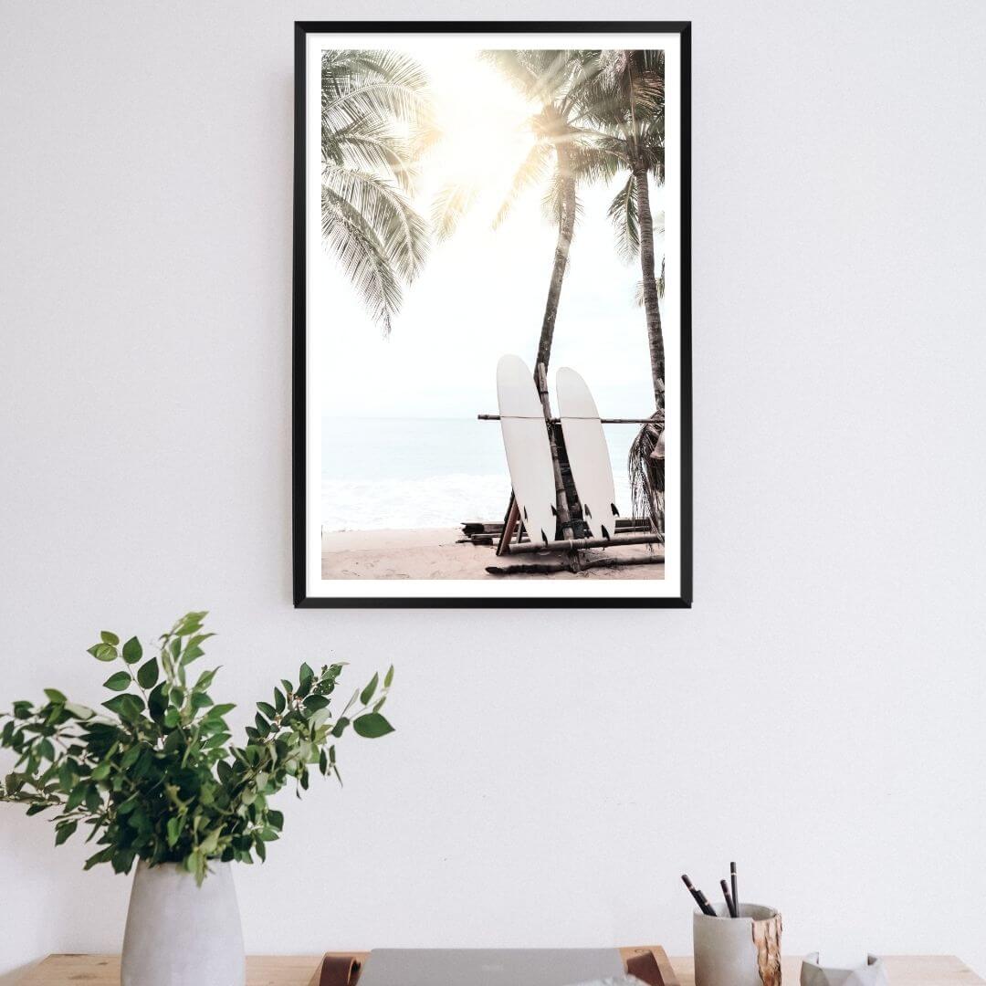 Wall art print in photo artwork, unframed or with a natural timber, black or white frame of a Hawaii surfer beach