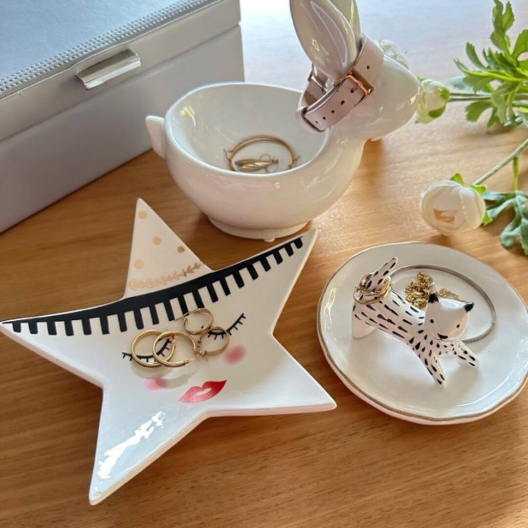 A black and white Lily Cat, Quuenie start and Milli Bunny Jewellery Holder Trinket Plate for a girls room decor