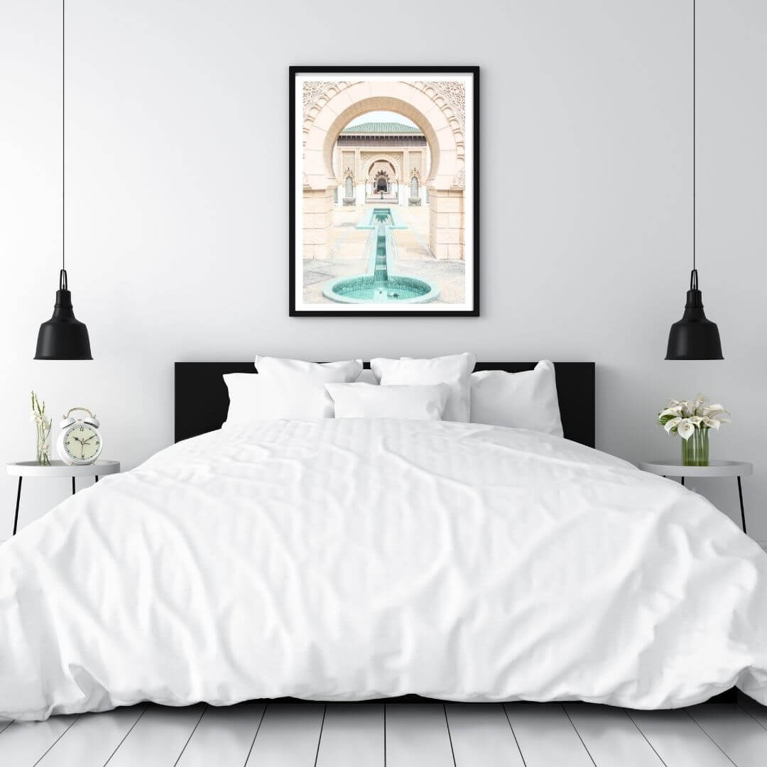 A wall art photo print of a Moroccan Temple water feature with a black frame to decorate your bedroom by Beautiful HomeDecor