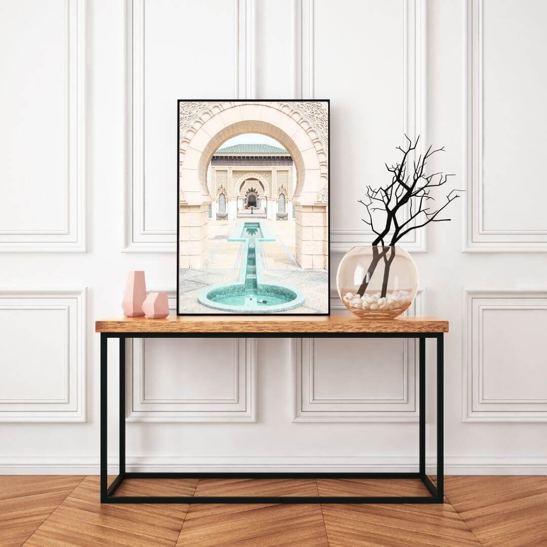 A wall art photo print of a Moroccan Temple water feature with a black frame or unframed to decorate an empty wall