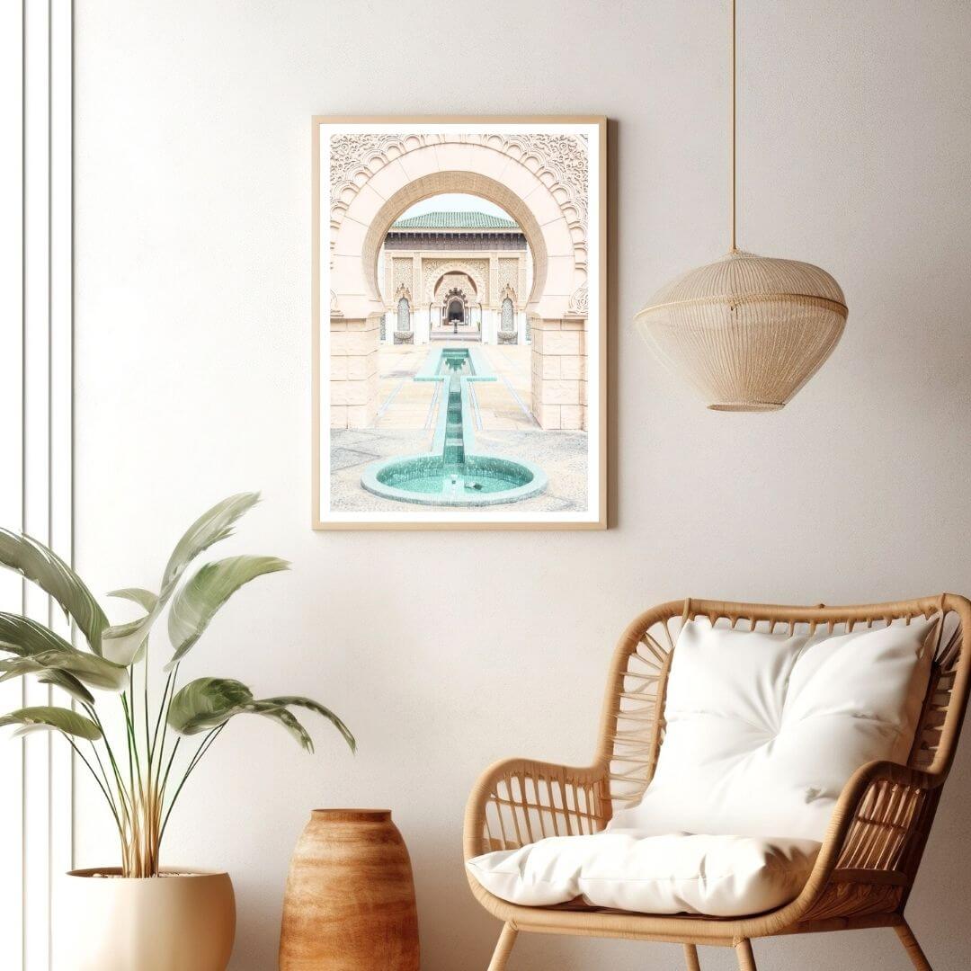 A wall art photo print of a Moroccan Temple water feature with a timber frame or unframed for you living roomDecor