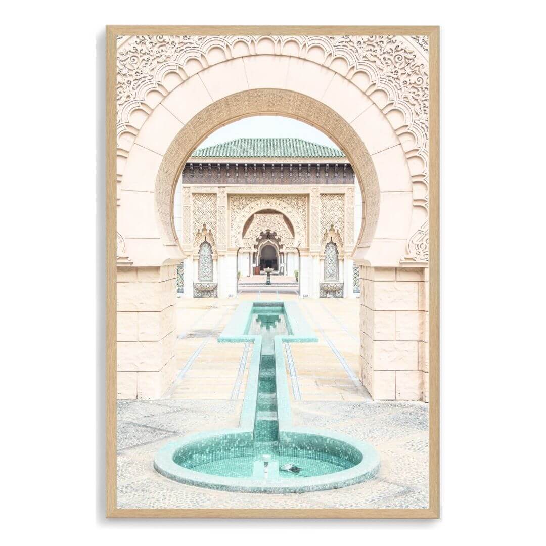 A wall art photo print of a Moroccan Temple water feature with a timber frame, no white border at Beautiful HomeDecor