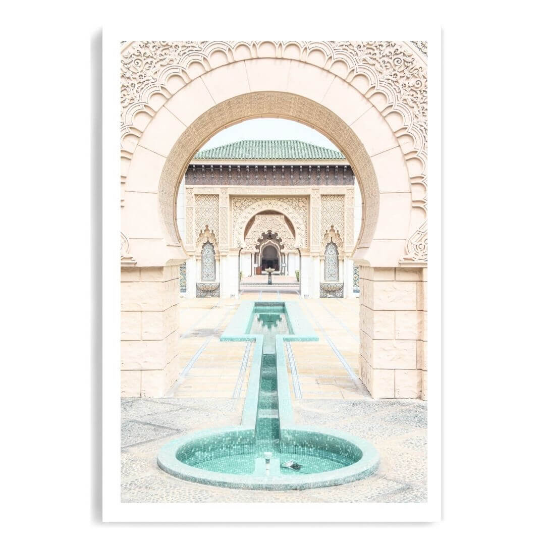 A wall art photo print of a Moroccan Temple water feature unframed with a white border by Beautiful HomeDecor