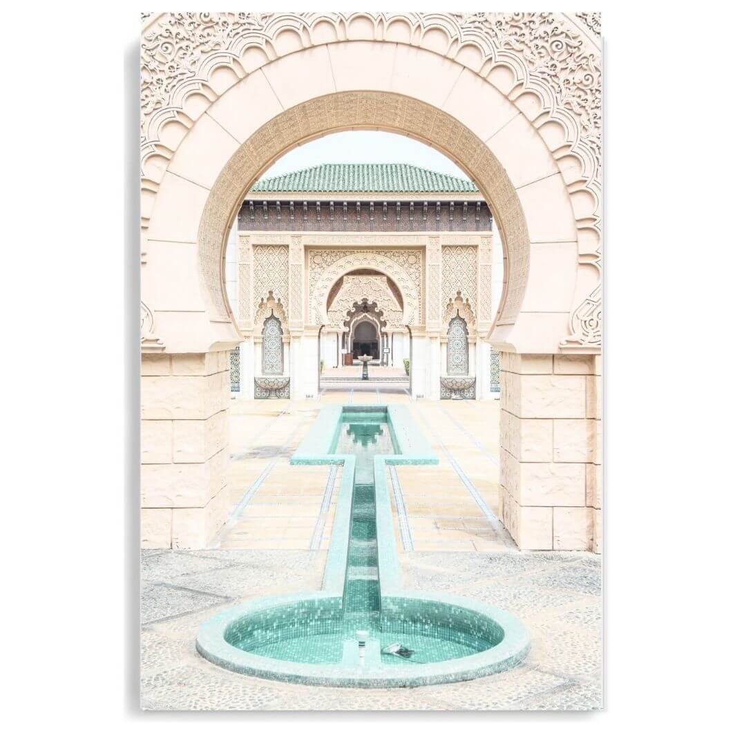 A wall art photo print of a Moroccan Temple water feature unframed, printed edge to edge without a white border