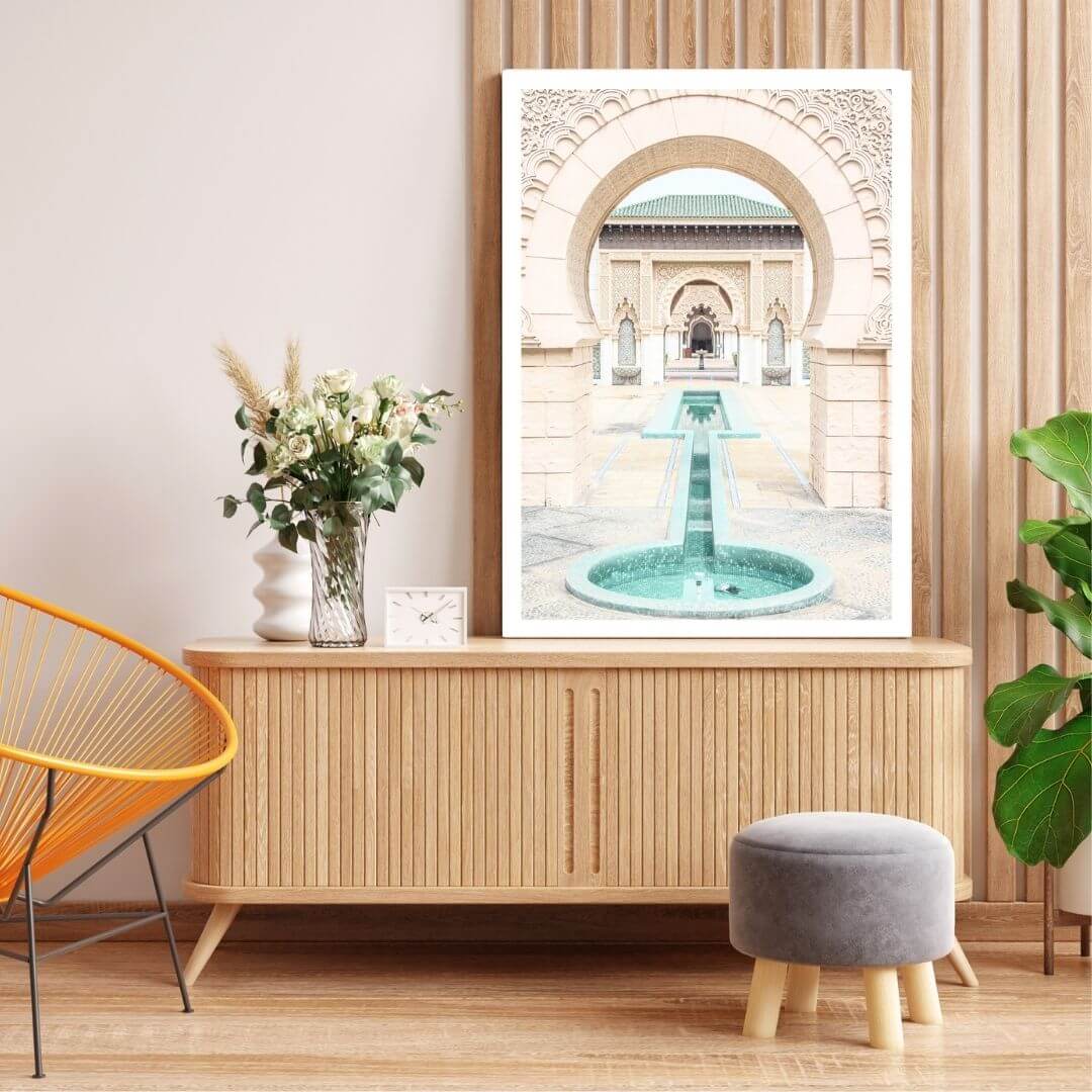 A wall art photo print of a Moroccan Temple water feature with a black frame or unframed to decorate a wall above your console table
