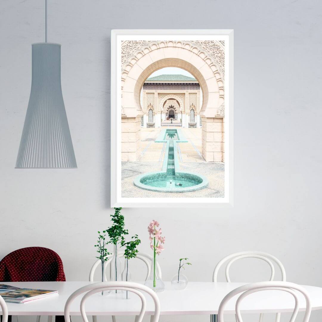 A wall art photo print of a Moroccan Temple water feature with a white frame or unframed to style shelves and empty walls