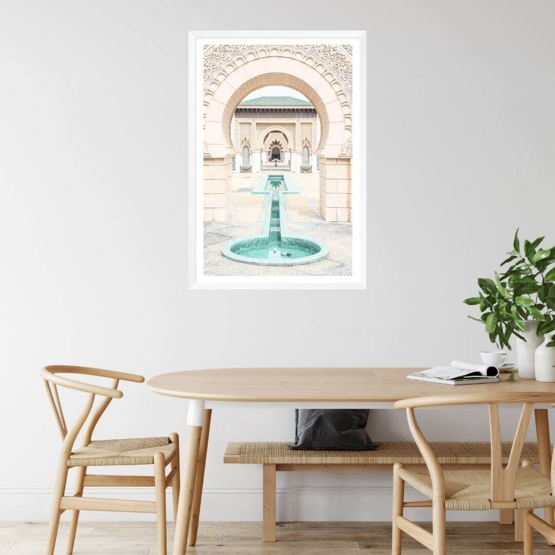 A wall art photo print of a Moroccan Temple water feature with a white frame or unframed to style your dining room