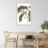 A wall art photo print of native gum eucalyptus flower a with a timber frame to style a coastal Australian dining room