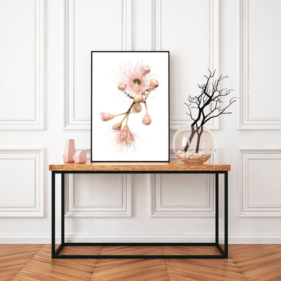A wall art photo print of native gum eucalyptus flower b with a black frame or unframed for your hallway
