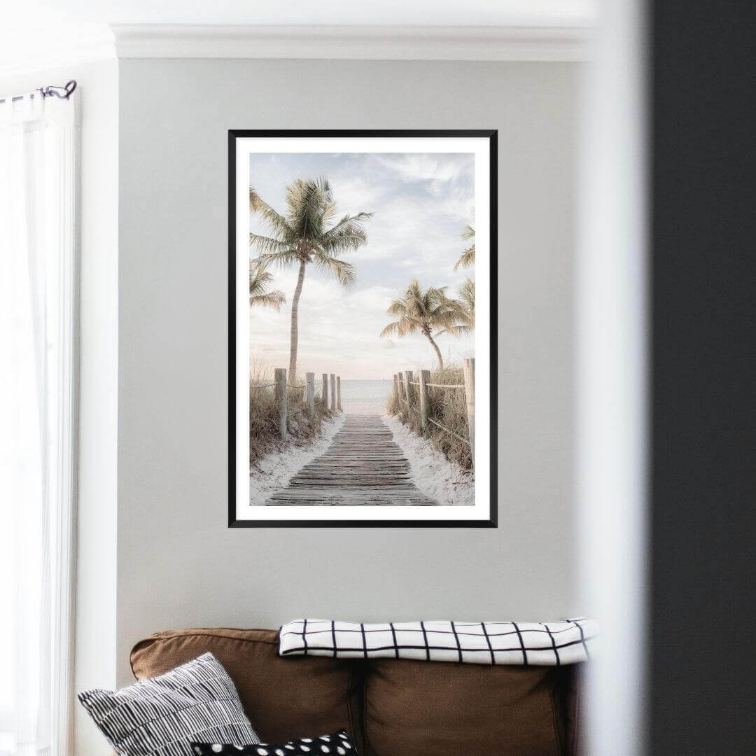 A wall art photo print of a pathway to a beach on the Keys Florida with a black frame or unframed to decorate a wall above your sofa