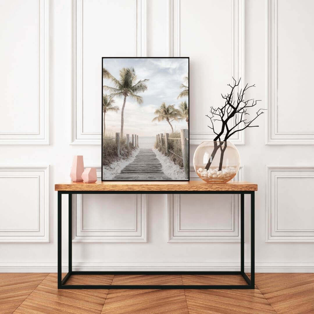 A wall art photo print of a pathway to a beach on the Keys Florida with a black frame to decorate your hallway by Beautiful HomeDecor